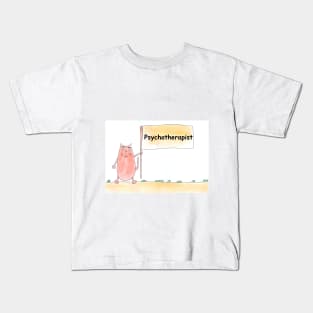 Psychotherapist. Profession, work, job. Cat shows a banner with the inscription. Watercolor illustration. A gift for a professional. Kids T-Shirt